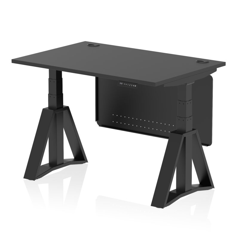 air height adjustable desk with cable ports with steel modesty panel with piste foot