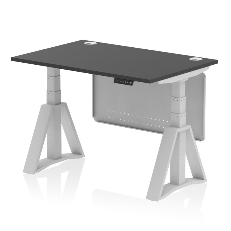 air height adjustable desk with cable ports with steel modesty panel with piste foot