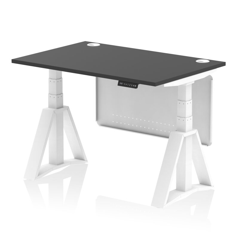 air height adjustable desk with cable ports with steel modesty panel with piste foot