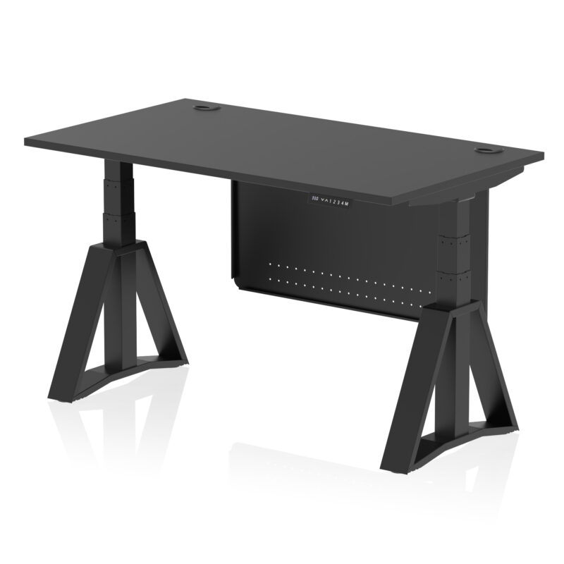 air height adjustable desk with cable ports with steel modesty panel with piste foot