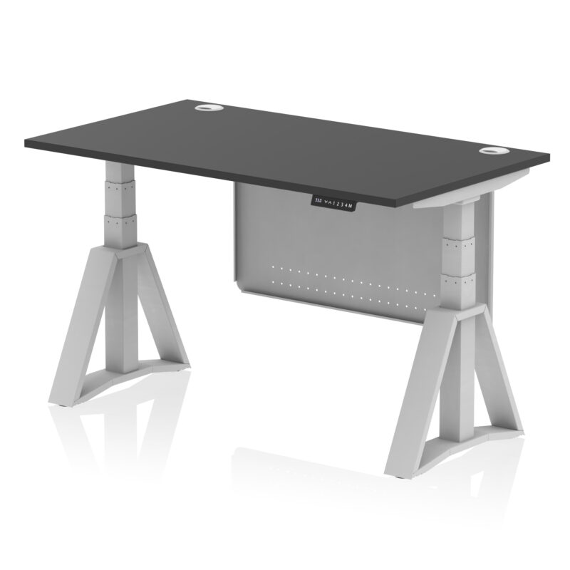 air height adjustable desk with cable ports with steel modesty panel with piste foot