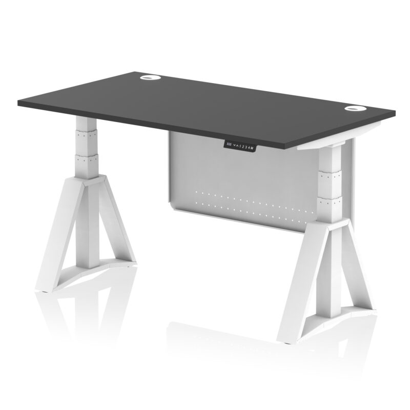 air height adjustable desk with cable ports with steel modesty panel with piste foot