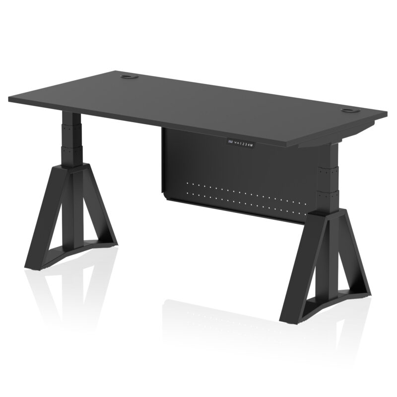air height adjustable desk with cable ports with steel modesty panel with piste foot