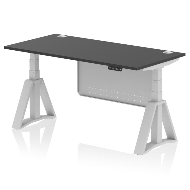 air height adjustable desk with cable ports with steel modesty panel with piste foot