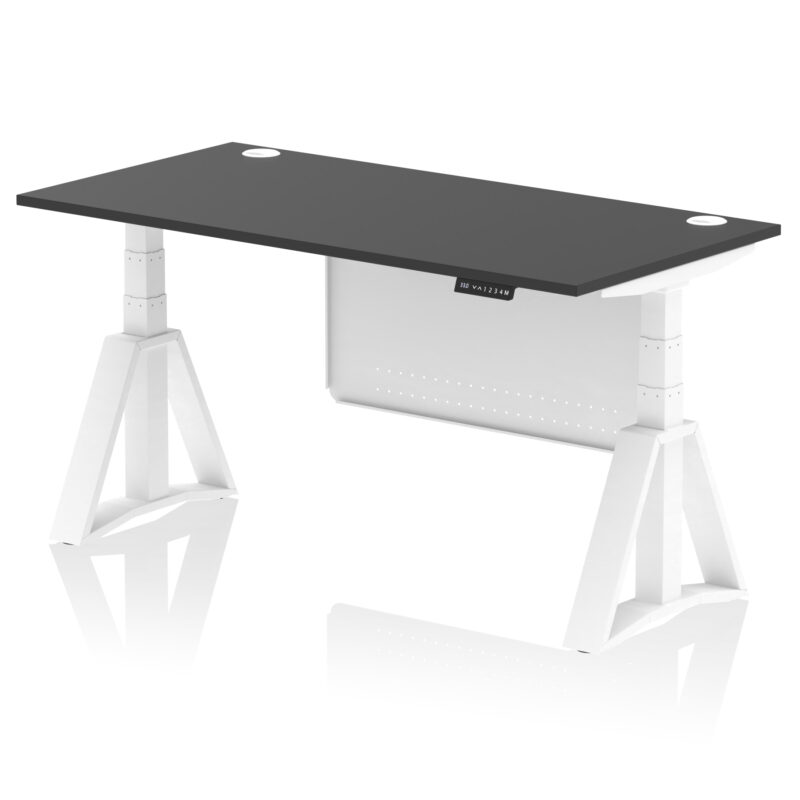 air height adjustable desk with cable ports with steel modesty panel with piste foot