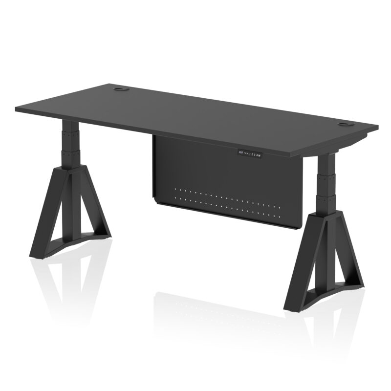air height adjustable desk with cable ports with steel modesty panel with piste foot