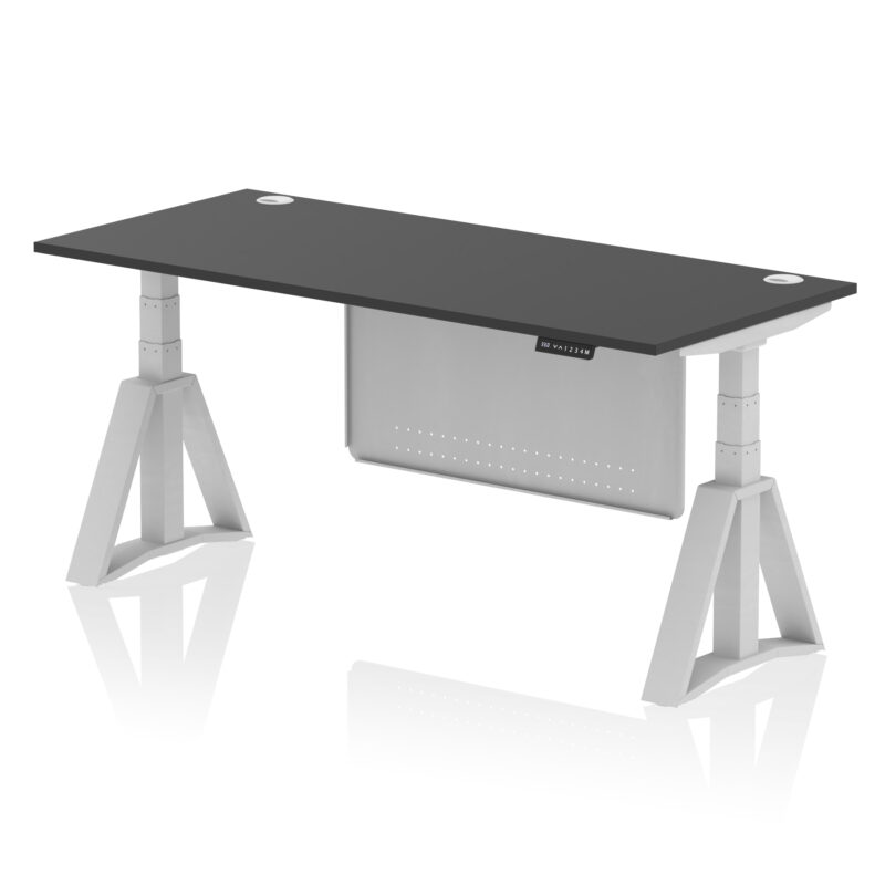 air height adjustable desk with cable ports with steel modesty panel with piste foot