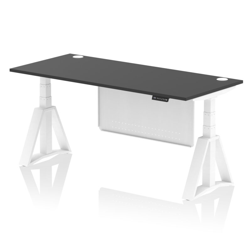 air height adjustable desk with cable ports with steel modesty panel with piste foot