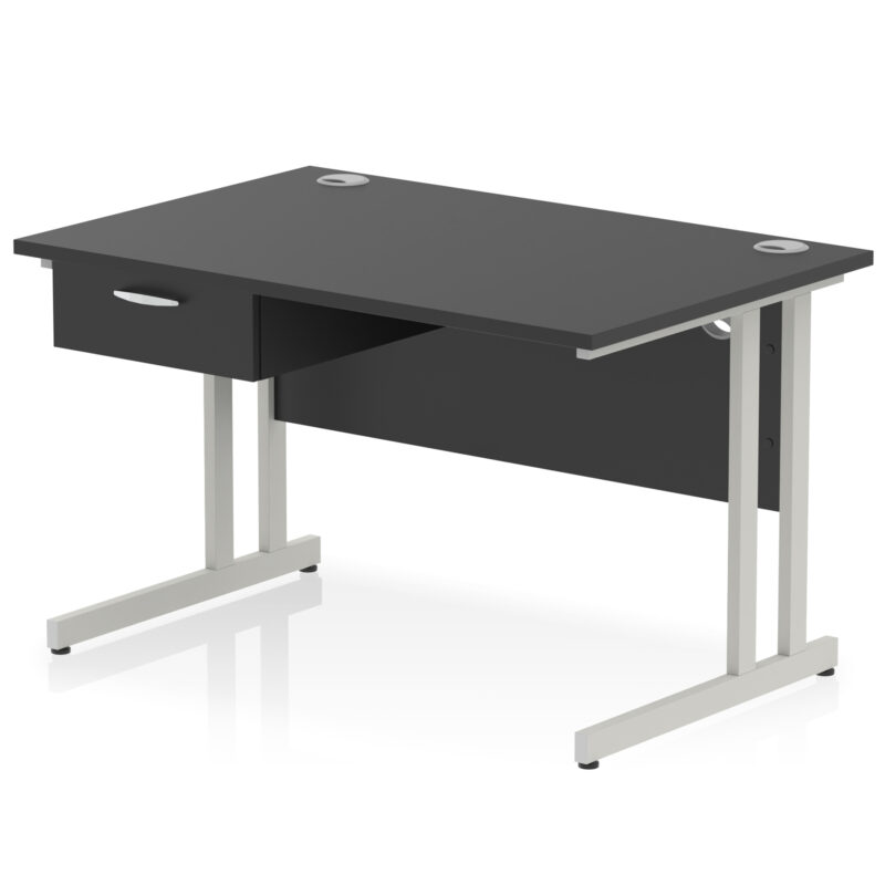 impulse cantilever straight desk silver frame with single one drawer fixed pedestal
