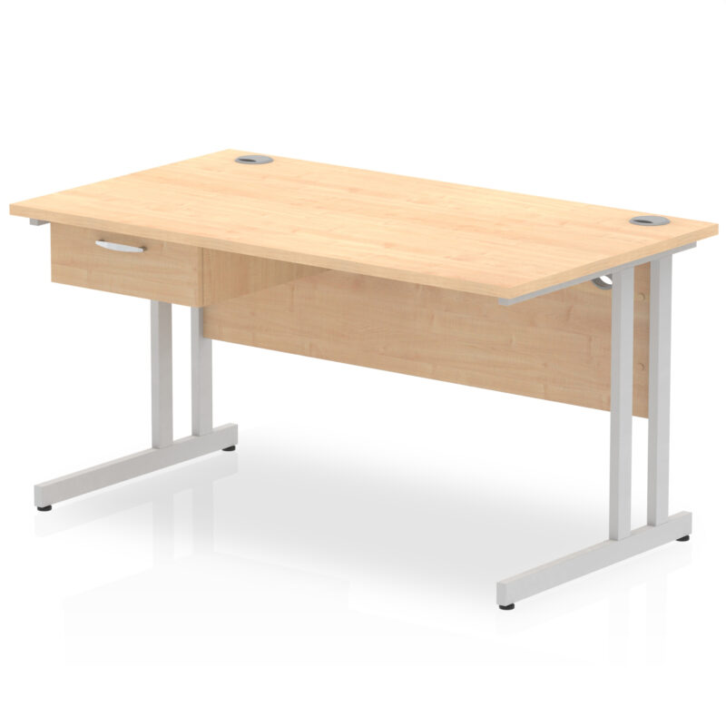 impulse cantilever straight desk silver frame with single one drawer fixed pedestal