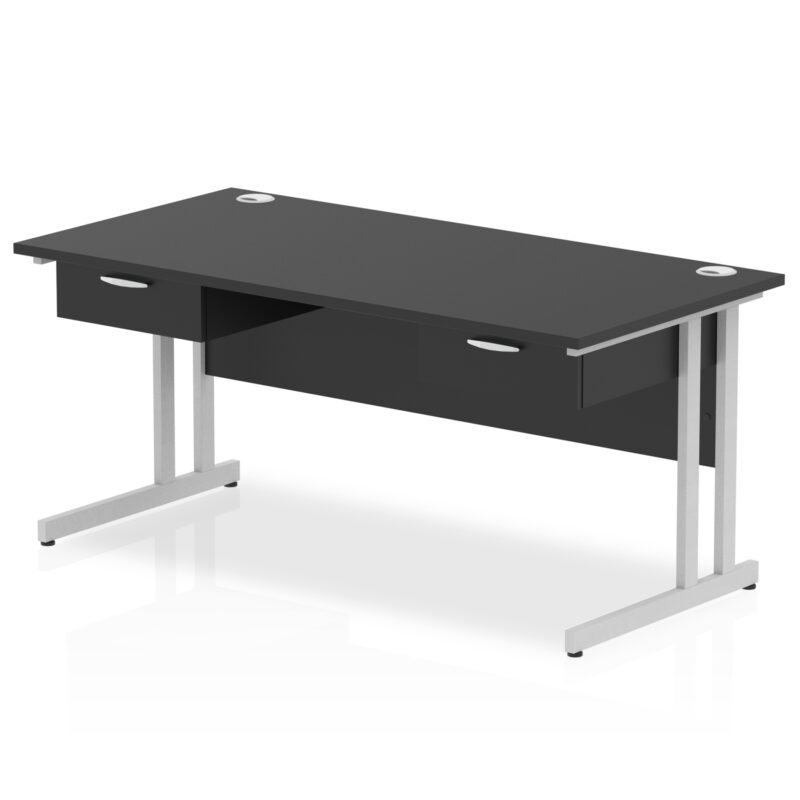 impulse cantilever straight desk silver frame with two one drawer fixed pedestals