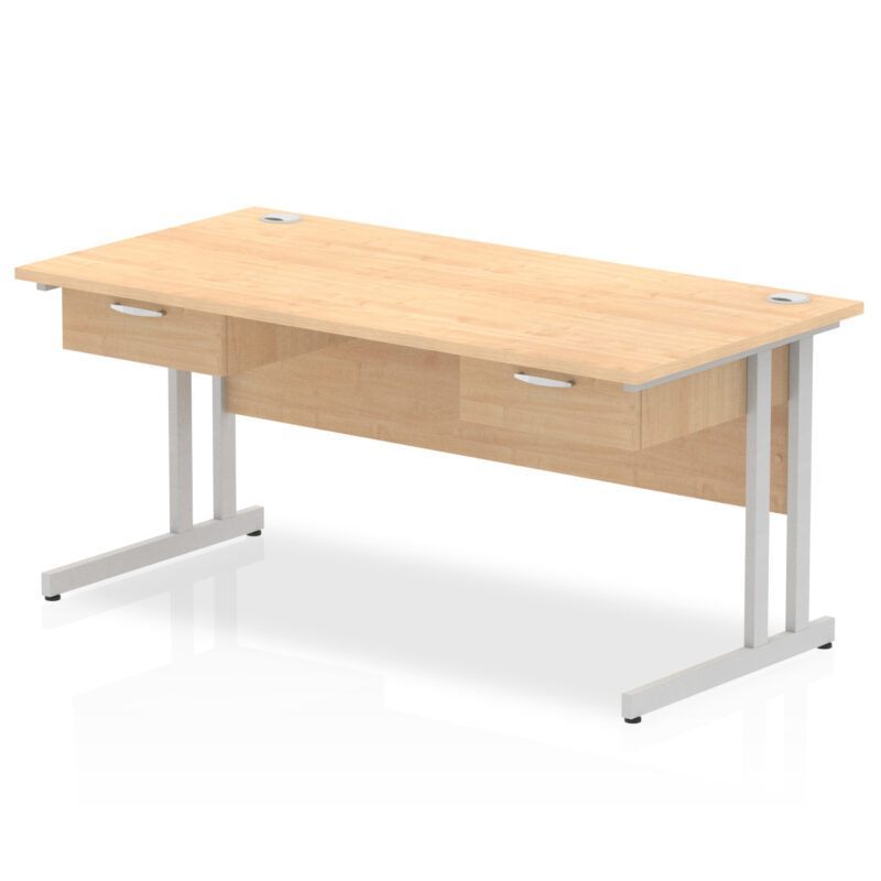 impulse cantilever straight desk silver frame with two one drawer fixed pedestals