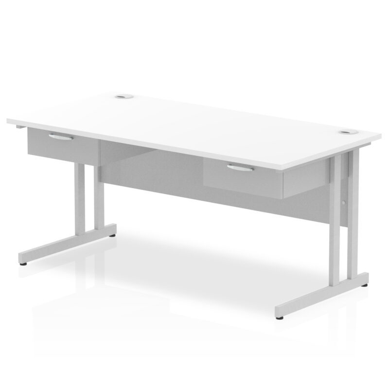 impulse cantilever straight desk silver frame with two one drawer fixed pedestals