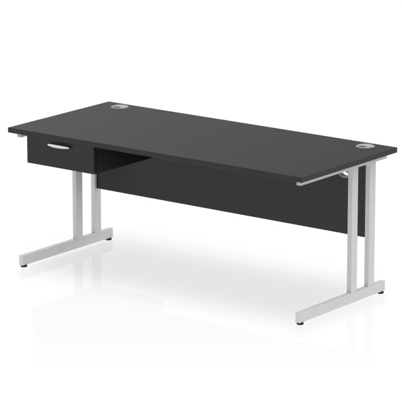 impulse cantilever straight desk silver frame with single one drawer fixed pedestal