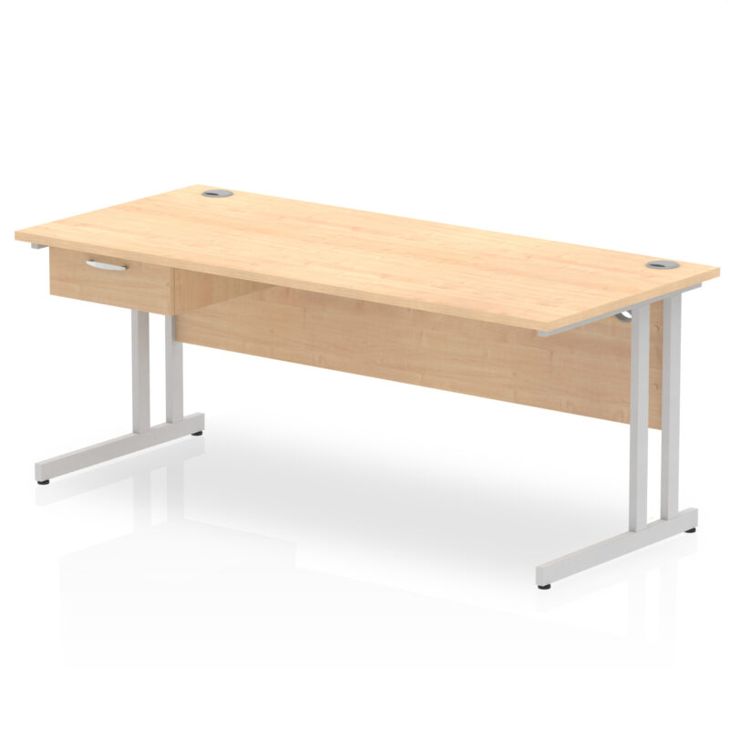impulse cantilever straight desk silver frame with single one drawer fixed pedestal