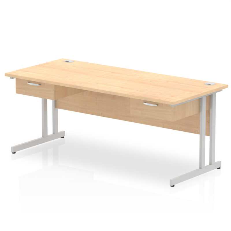 impulse cantilever straight desk silver frame with two one drawer fixed pedestals