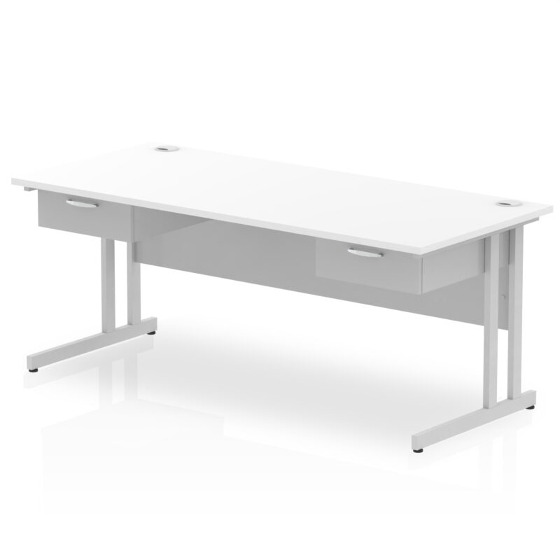 impulse cantilever straight desk silver frame with two one drawer fixed pedestals