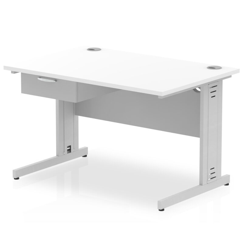impulse cable managed straight desk silver frame with single one drawer fixed pedestal