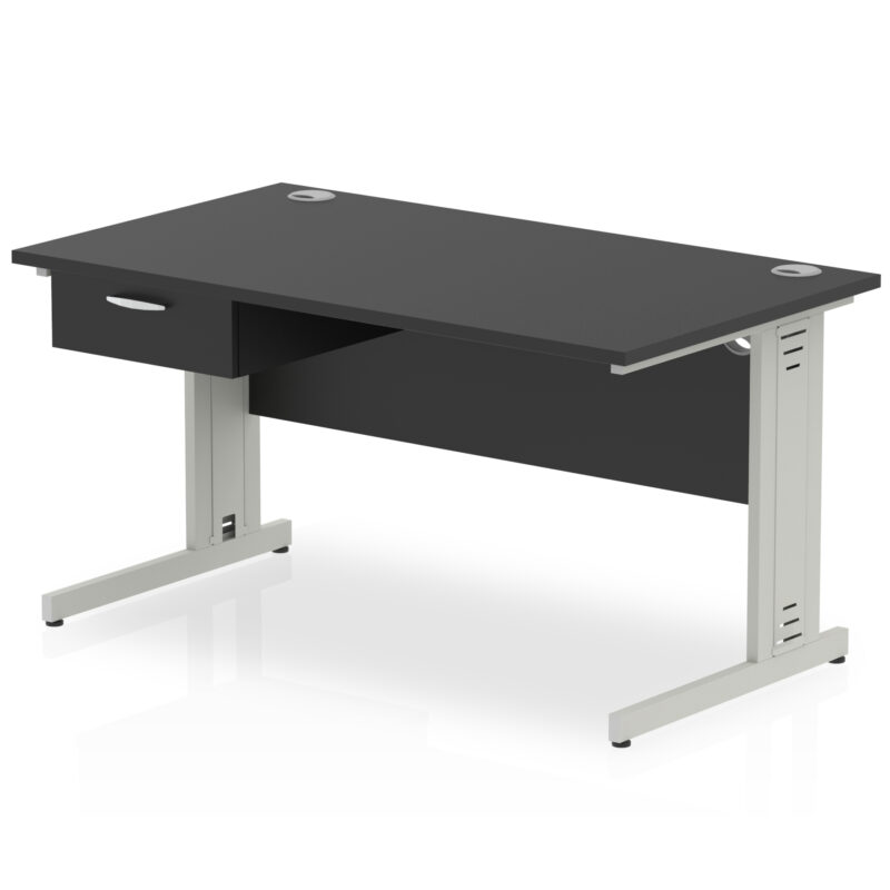 impulse cable managed straight desk silver frame with single one drawer fixed pedestal