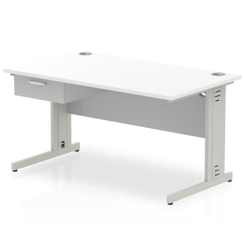 impulse cable managed straight desk silver frame with single one drawer fixed pedestal