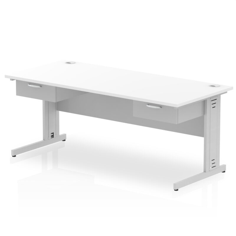 impulse cable managed straight desk silver frame with two one drawer fixed pedestals