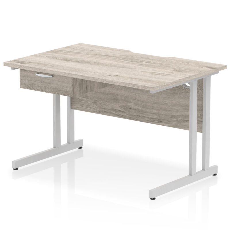 impulse scalloped edge cantilever straight desk with single one drawer fixed pedestal