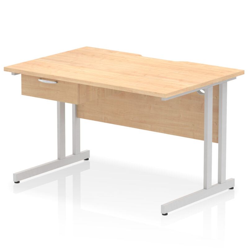 impulse scalloped edge cantilever straight desk with single one drawer fixed pedestal