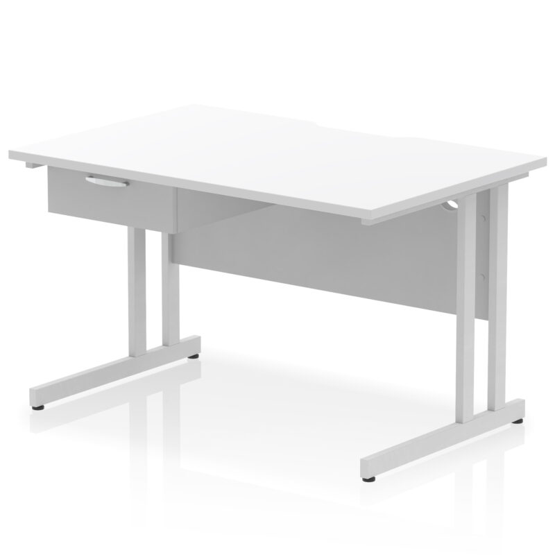 impulse scalloped edge cantilever straight desk with single one drawer fixed pedestal