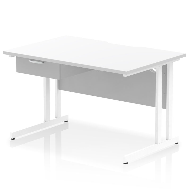 impulse scalloped edge cantilever straight desk with single one drawer fixed pedestal