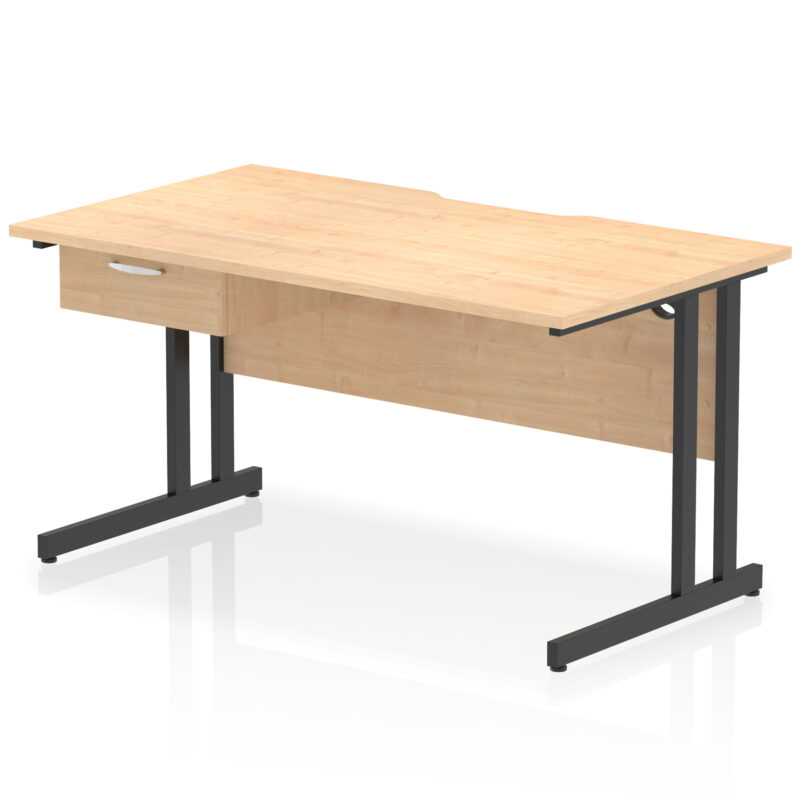 impulse scalloped edge cantilever straight desk with single one drawer fixed pedestal