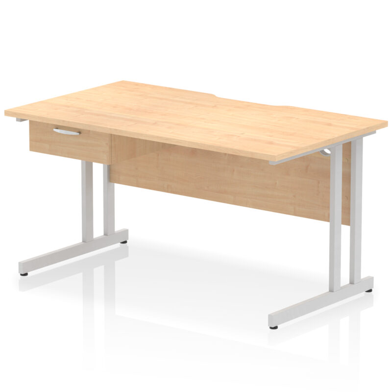 impulse scalloped edge cantilever straight desk with single one drawer fixed pedestal