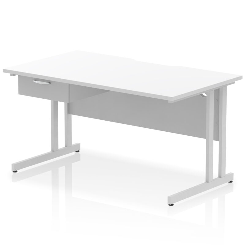 impulse scalloped edge cantilever straight desk with single one drawer fixed pedestal