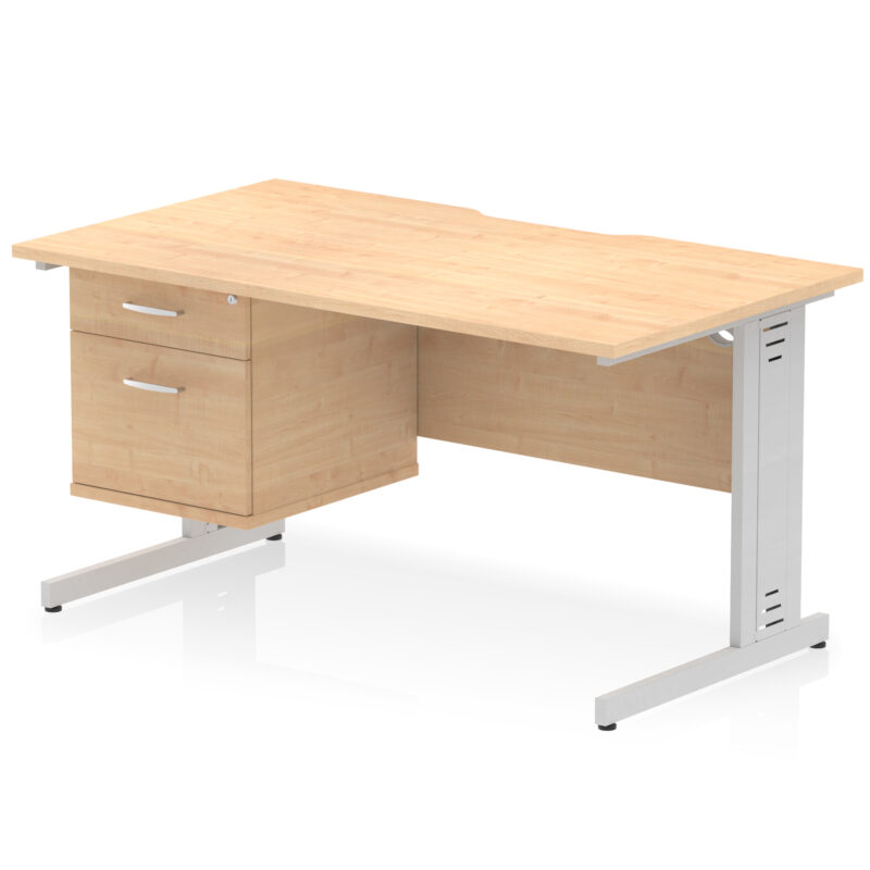 impulse scalloped edge 1400mm cable managed straight desk with single fixed pedestal