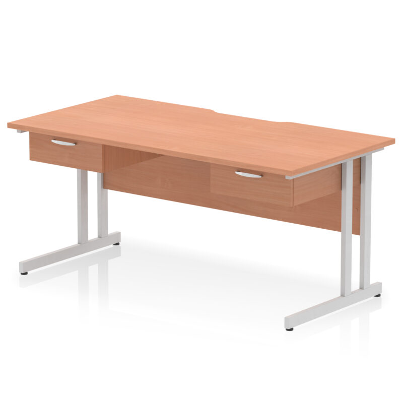 impulse scalloped edge cantilever straight desk with two one drawer fixed pedestals