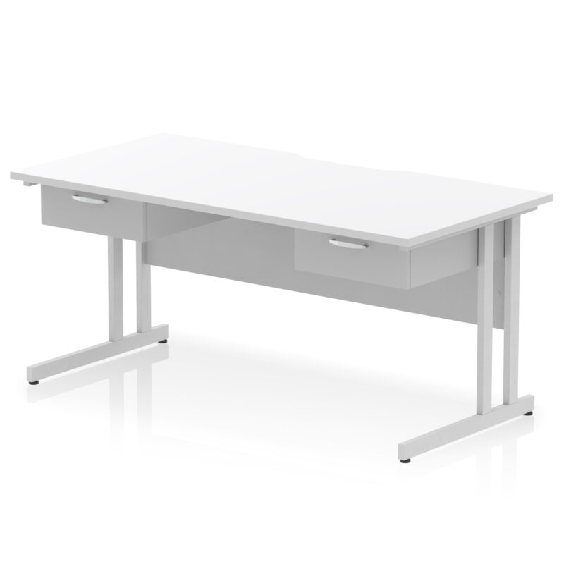 impulse scalloped edge cantilever straight desk with two one drawer fixed pedestals