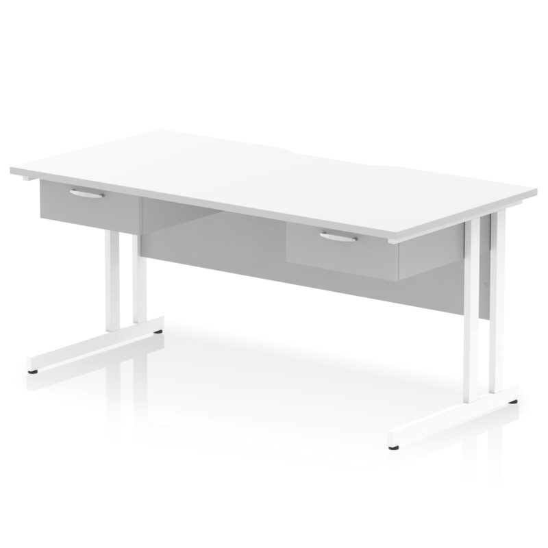 impulse scalloped edge cantilever straight desk with two one drawer fixed pedestals