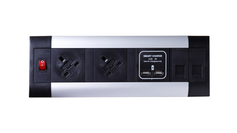 impulse desktop module 2 x 5a uk sockets, 1 x neon switch, 1 x 500mm lead to 3 pole connector in black