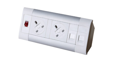 impulse desktop module 2 x 5a uk sockets, 1 x neon switch, 1 x 500mm lead to 3 pole connector in white