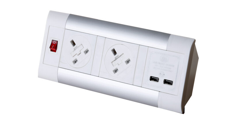 impulse desktop module 2 x 5a uk sockets, 1 x neon switch, 1 x 500mm lead to 3 pole connector in white