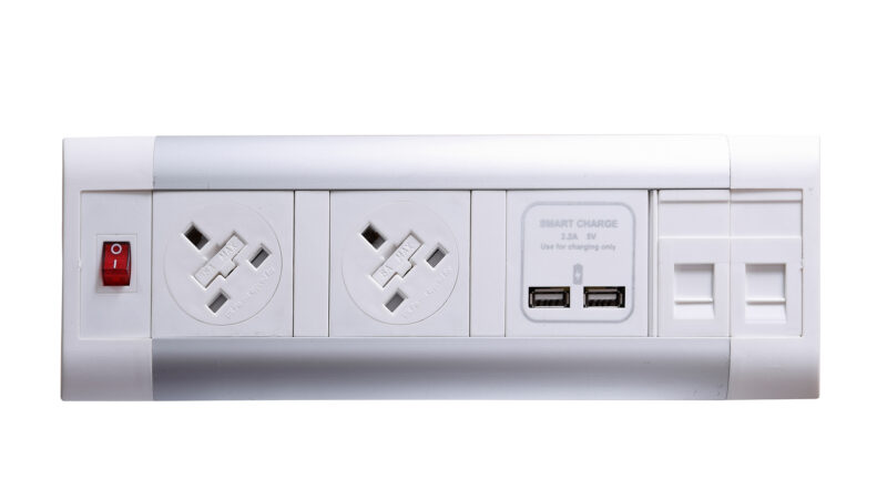 impulse desktop module 2 x 5a uk sockets, 1 x neon switch, 1 x 500mm lead to 3 pole connector in white