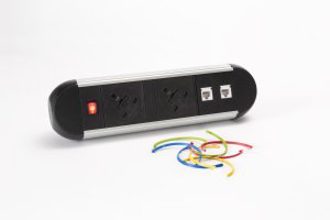 impulse desktop module 2 x 3.15a uk sockets, 1 x neon switch, 1 x 500mm lead to 3 pole connector in white