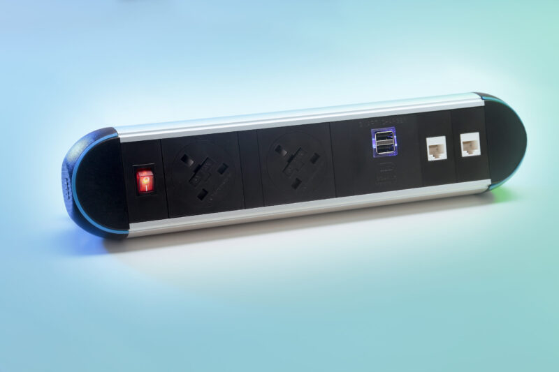 impulse desktop module 2 x 3.15a uk sockets, 1 x neon switch, 1 x 500mm lead to 3 pole connector in white