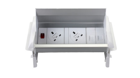 impulse pop up module 2 x uk sockets, 1 x neon switch, 1 x 500mm lead to 3 pole connector in white