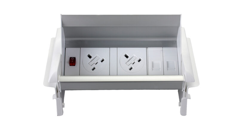 impulse pop up module 2 x uk sockets, 1 x neon switch, 1 x 500mm lead to 3 pole connector in white