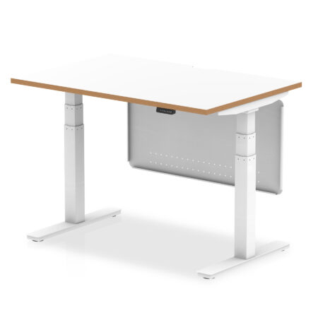 oslo air height adjustable desk white top natural wood edge white frame with white steel modesty panel