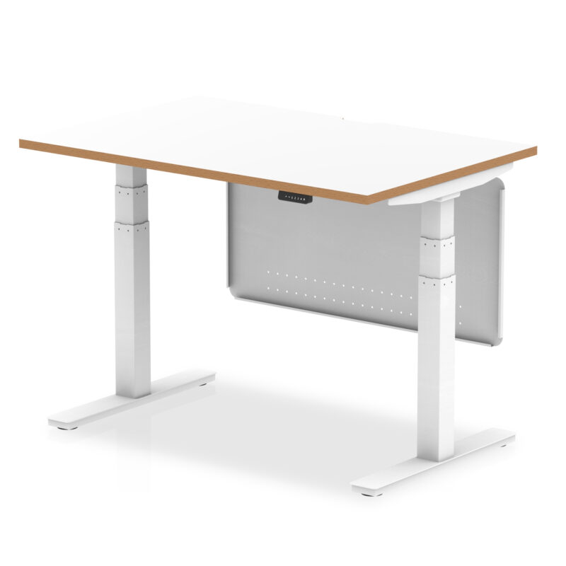 oslo air height adjustable desk white top natural wood edge white frame with white steel modesty panel