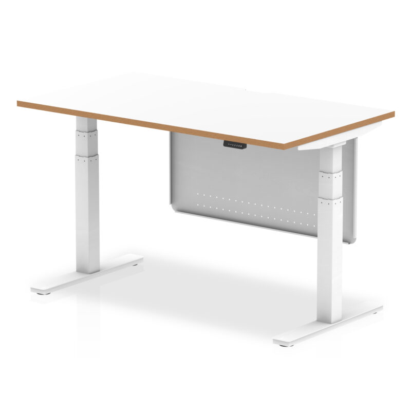 oslo air height adjustable desk white top natural wood edge white frame with white steel modesty panel