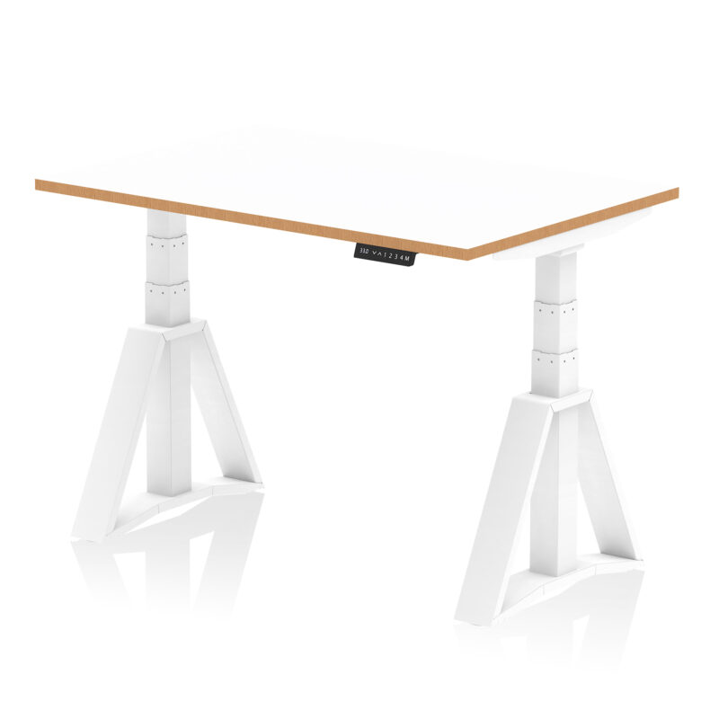 oslo air height adjustable desk white top natural wood edge white frame