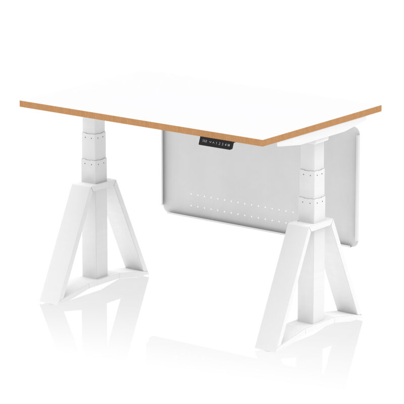 oslo air height adjustable desk white top natural wood edge white frame with white steel modesty panel