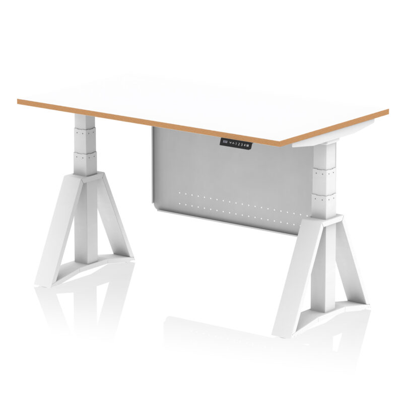 oslo air height adjustable desk white top natural wood edge white frame with white steel modesty panel